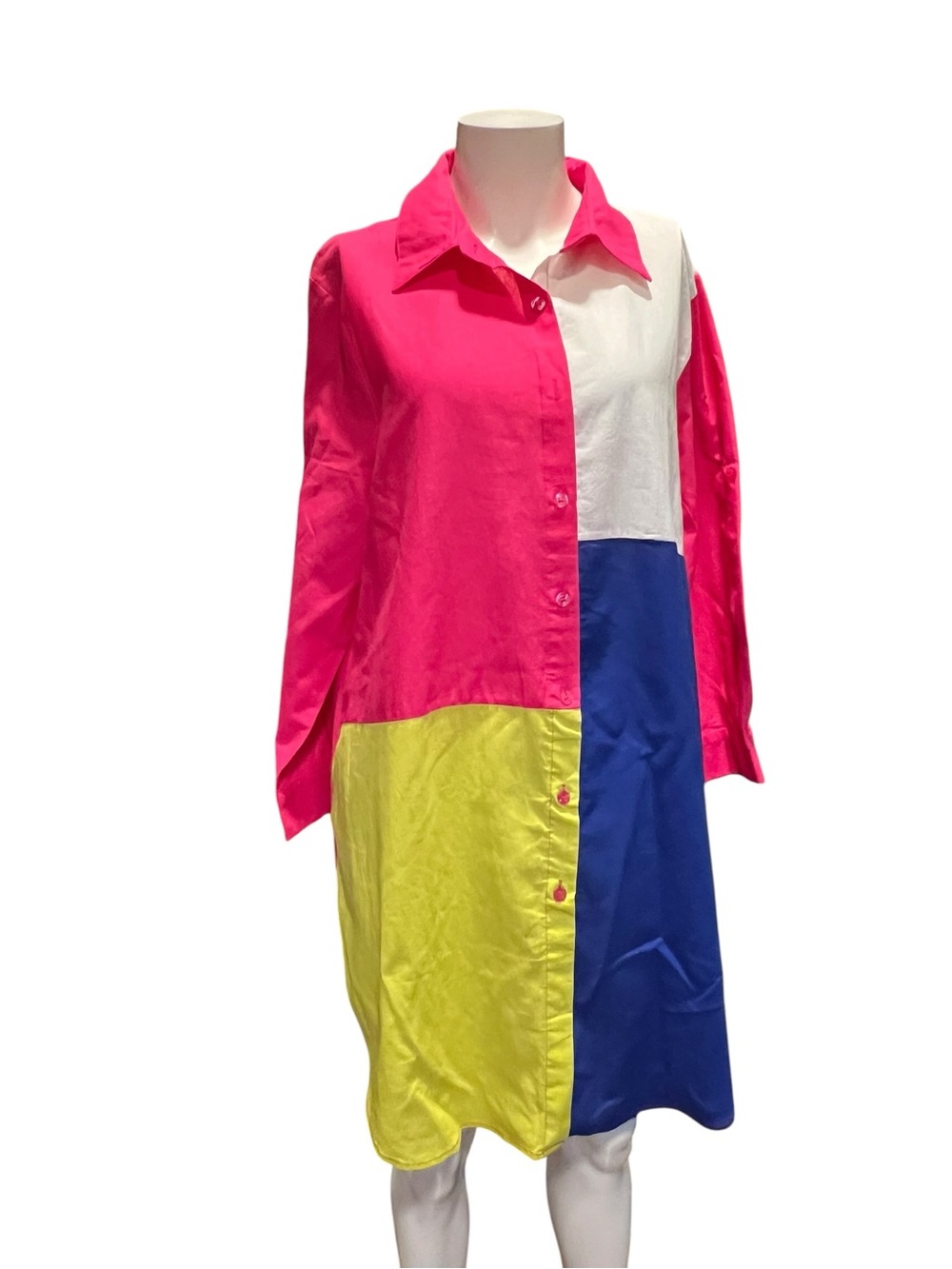 Takho Colorblock Long-Sleeve Shirt Dress in Hot Pink, Yellow, Blue & White